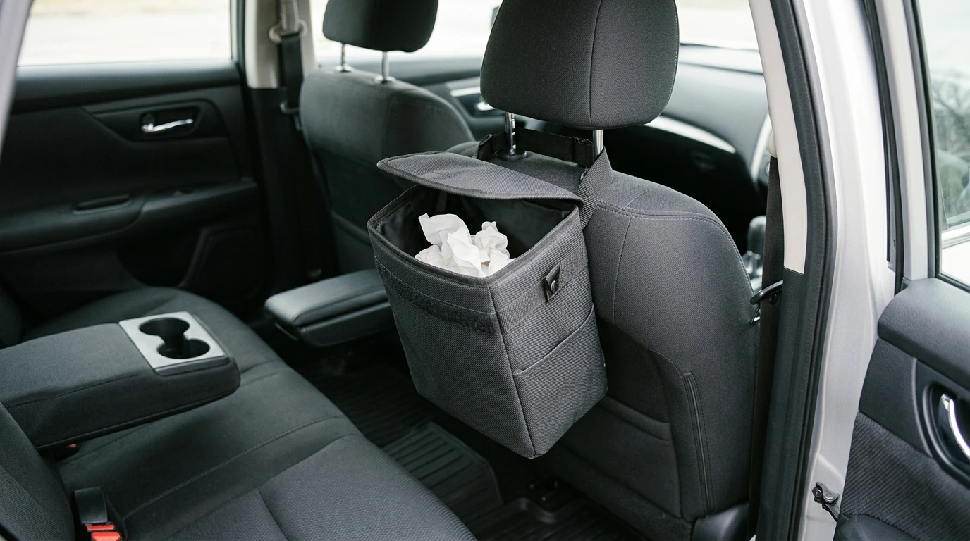 2.5 Gal Spill-Proof Car Trash Can: Headrest/Console